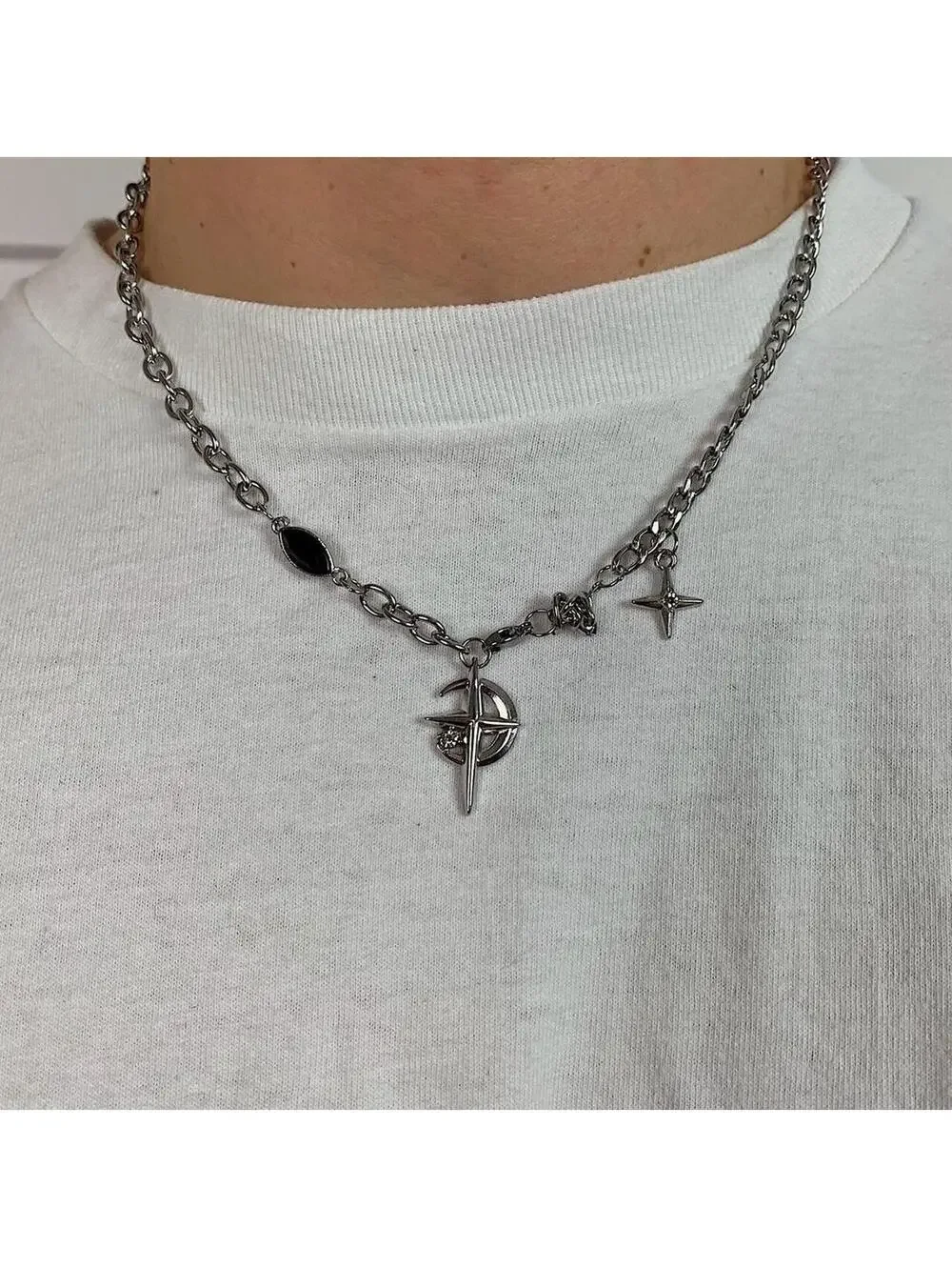 Cyber Y2k 2000s punk grunge crystal cross and opal pendant necklace chain. 20